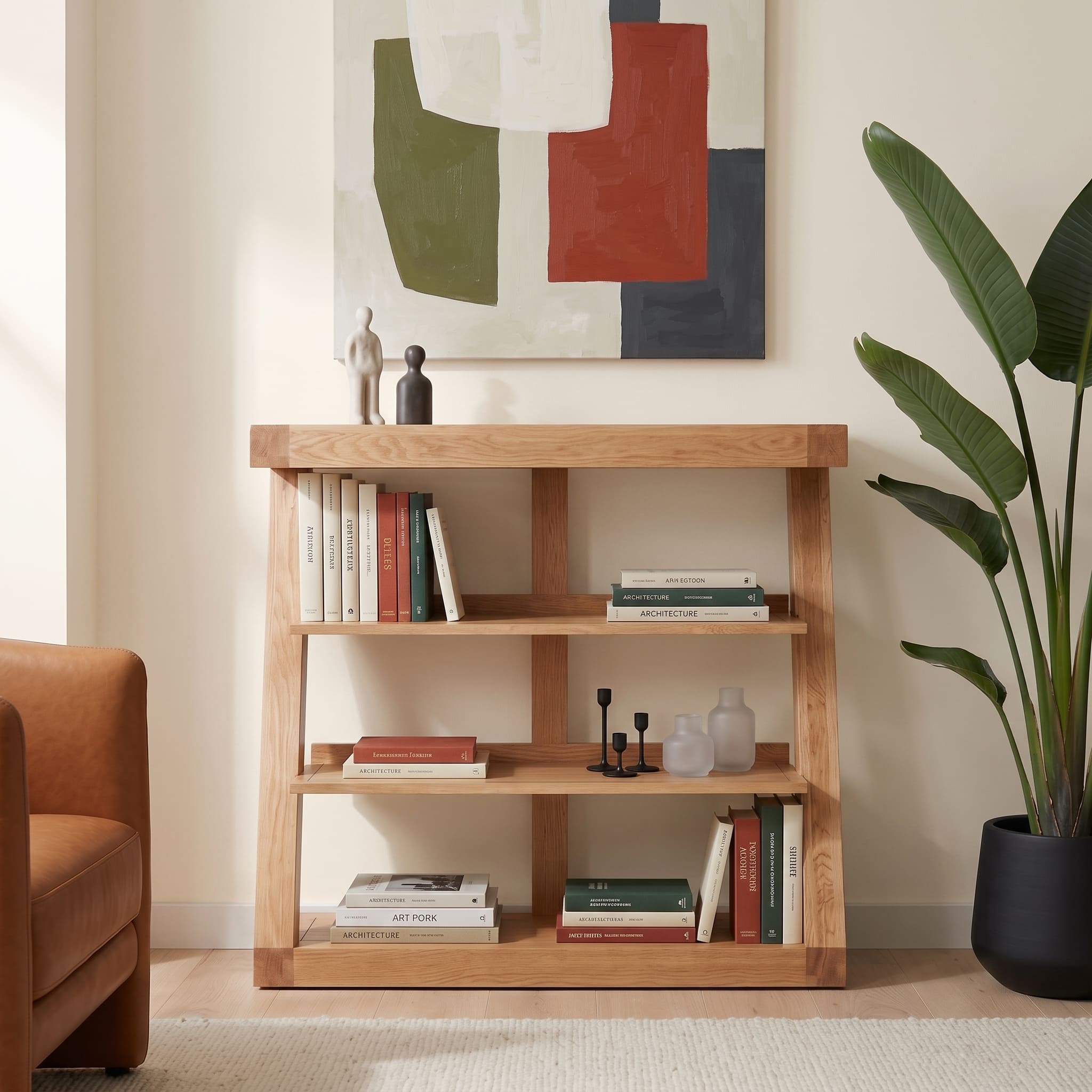 Natural solid oak small bookshelf with open shelves and warm oak wood grain finish