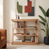 Natural solid oak small bookshelf with open shelves and warm oak wood grain finish