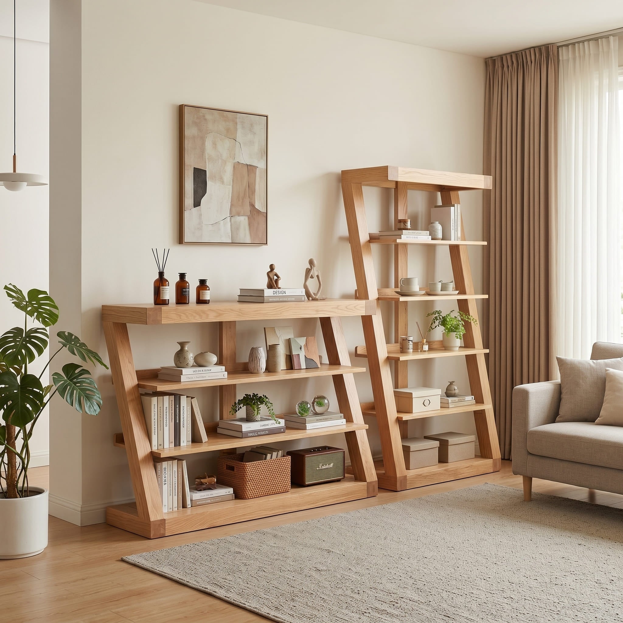 Solid oak small bookshelf styled with books, glass vases, sculptures, and wall art