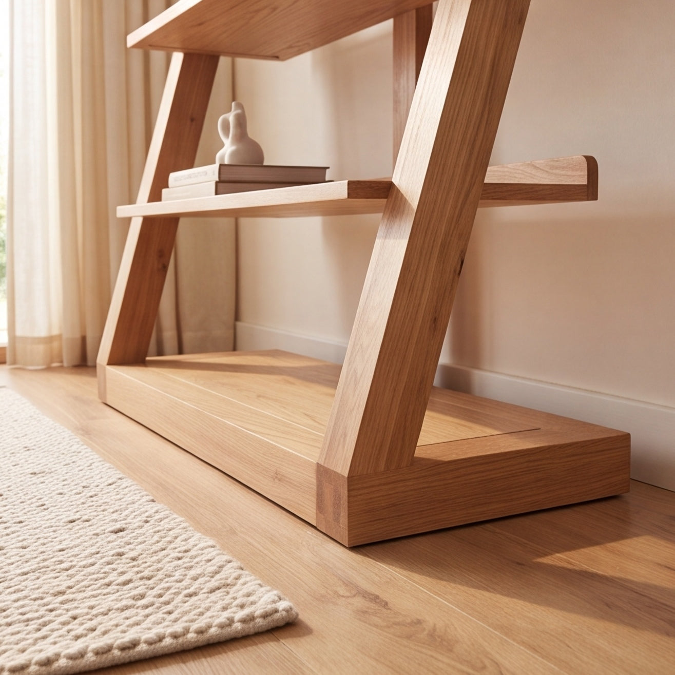 Natural solid oak shelving unit paired with leather armchair and indoor plant in a cosy lounge