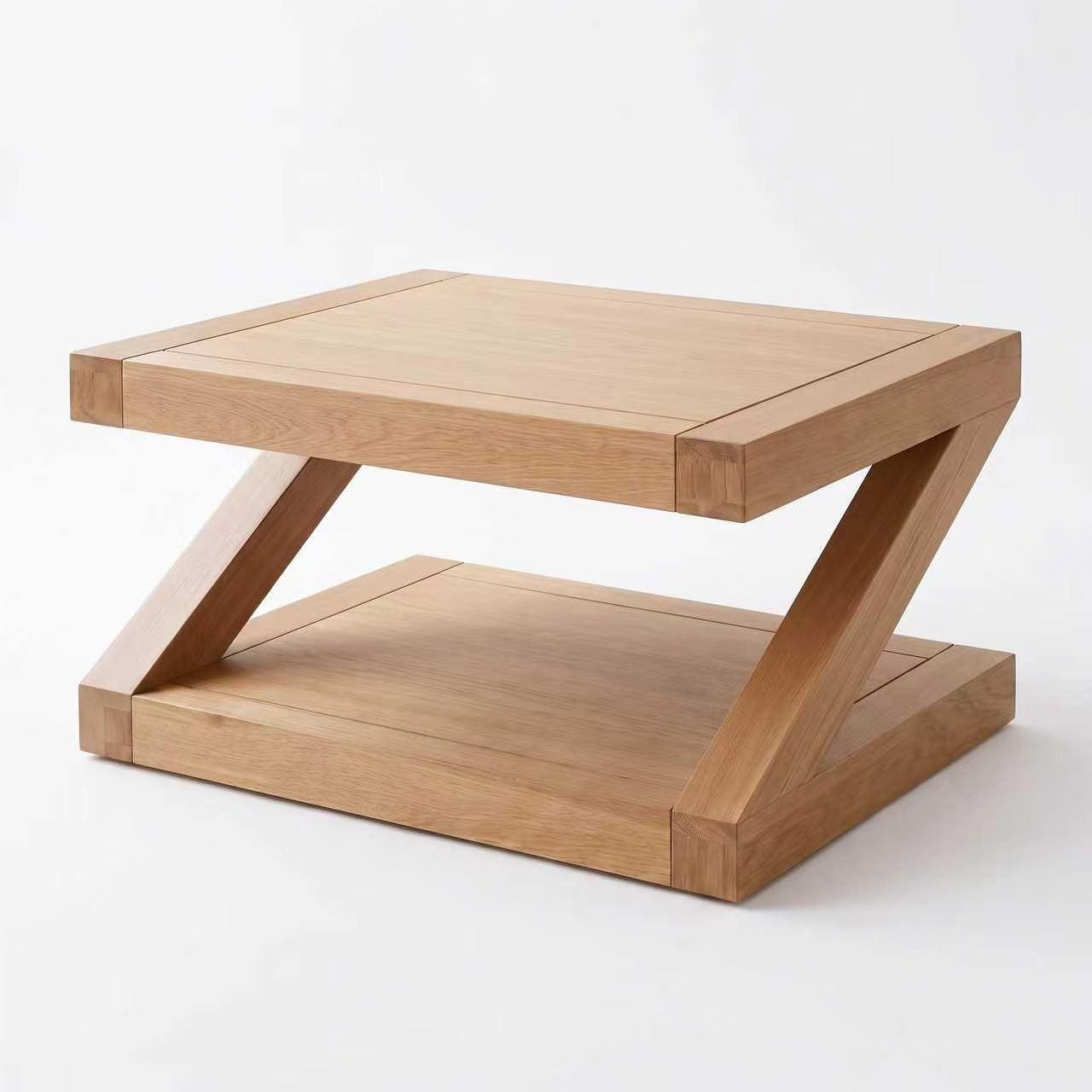 Solid oak small coffee table paired with fabric sofa, cushions, and home décor