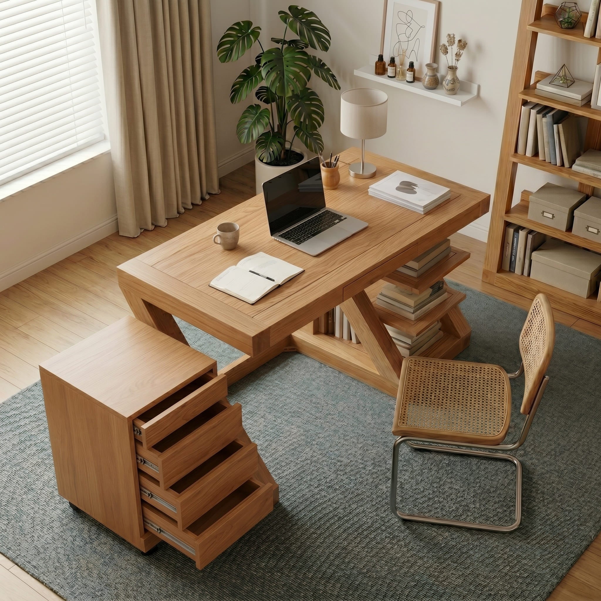 Zetland Natural Solid Oak Work Station styled in a bright home office with laptop, chair, and bookshelf