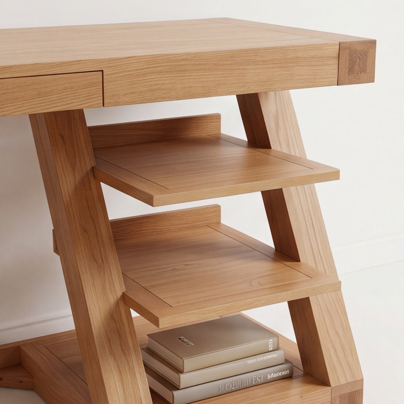 Zetland solid oak work station featuring thick timber frame and warm natural oak texture