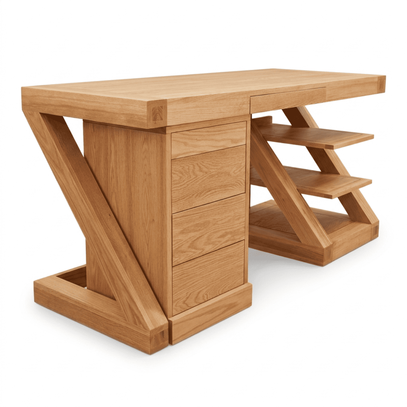 Natural solid oak workstation styled in a cosy study room with bookshelf and indoor plant