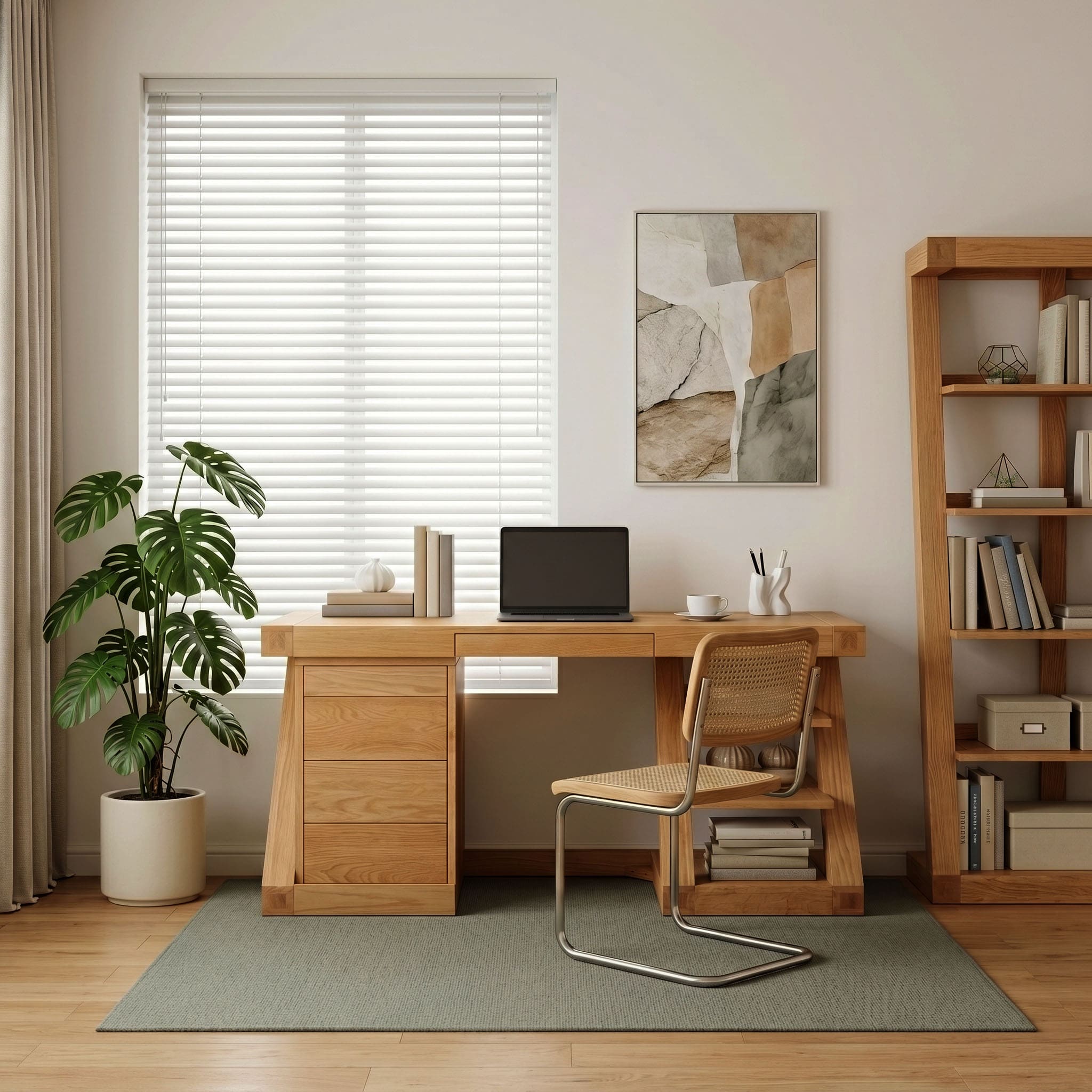 Natural solid oak work station with spacious desktop, storage drawers, and open shelving