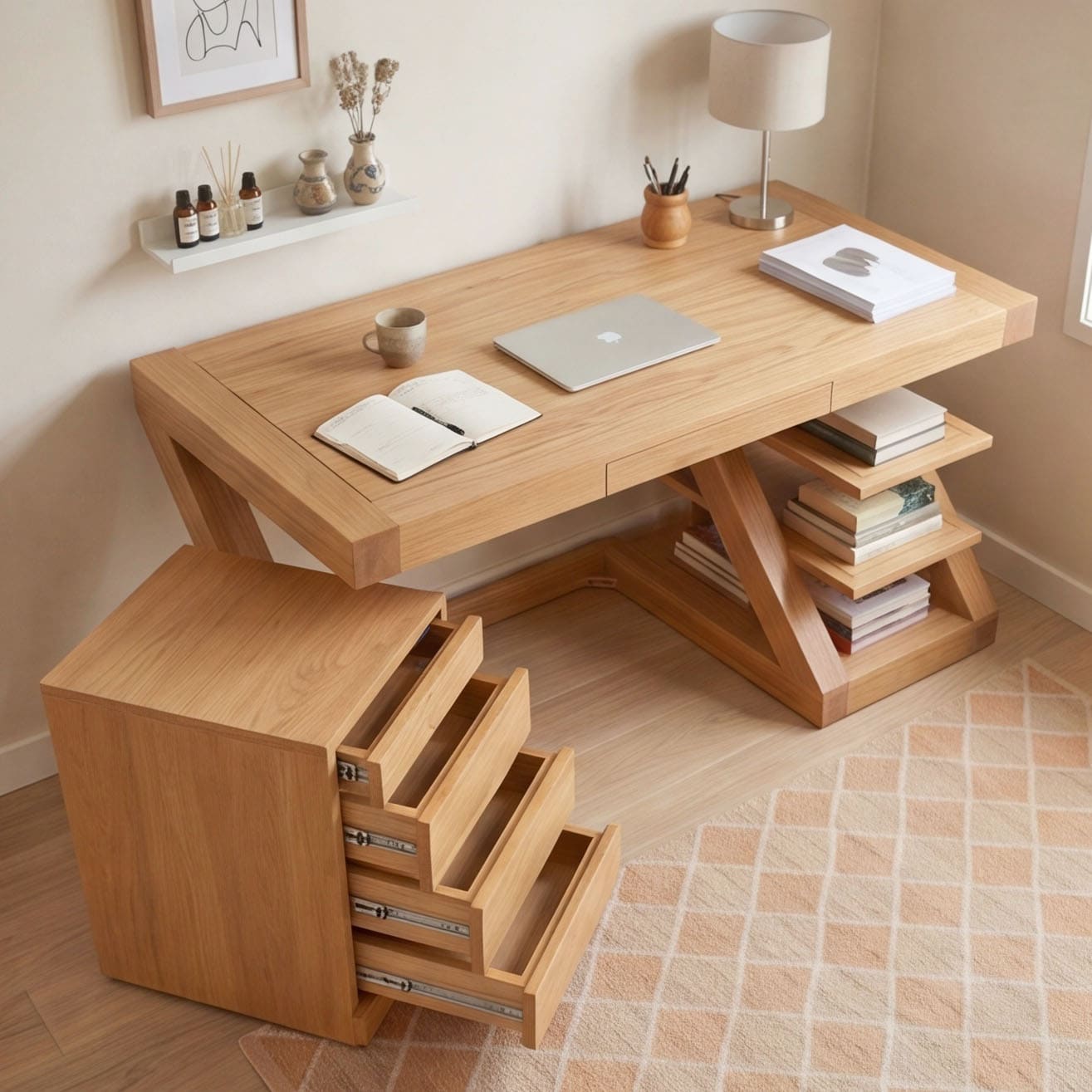 Solid oak office desk with natural wood grain, drawer storage, and modern workstation design