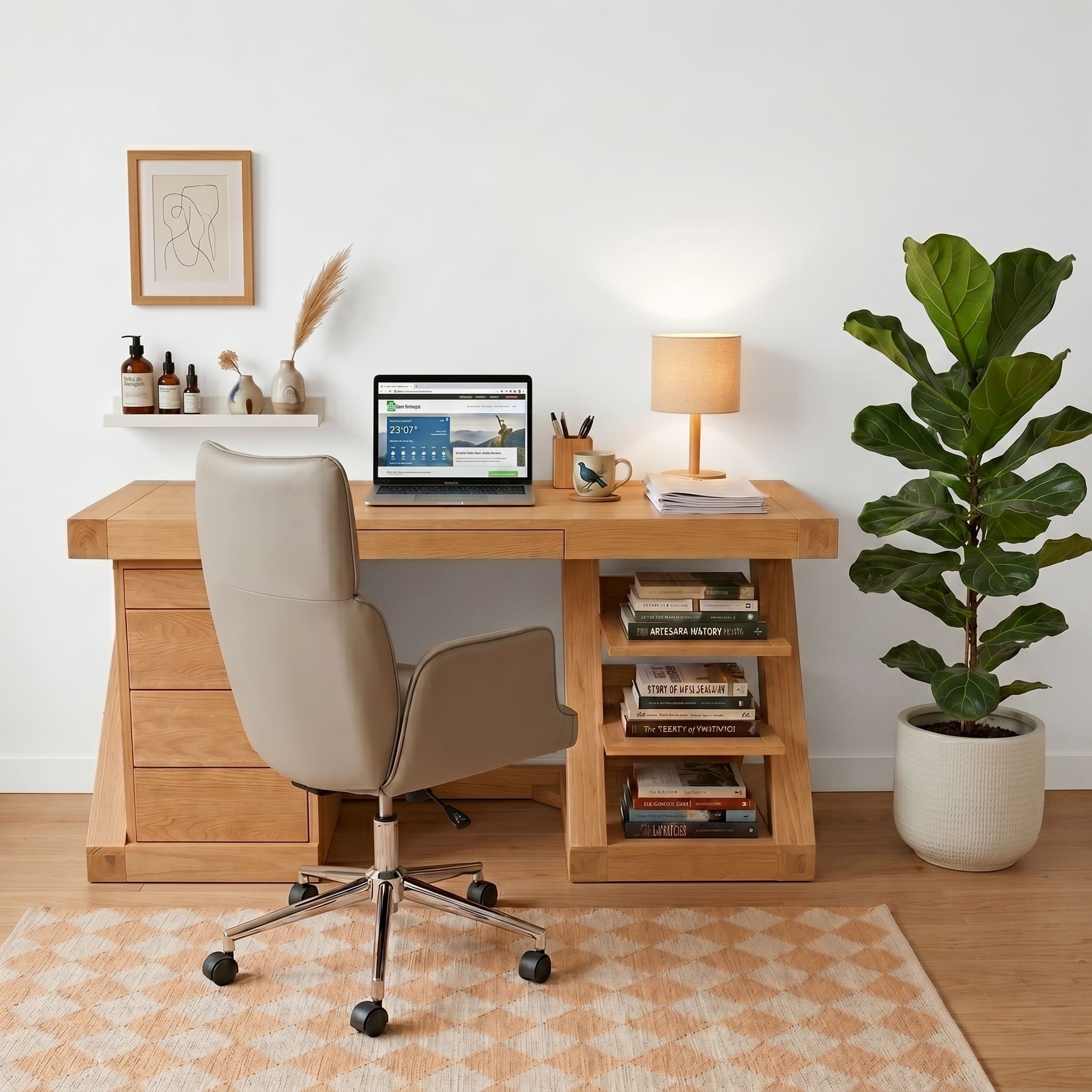 Natural oak work station styled with laptop, table lamp, books, and indoor plants