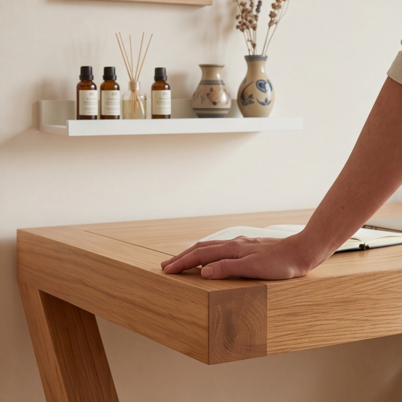 Natural solid oak computer desk with practical storage drawers and open side shelves