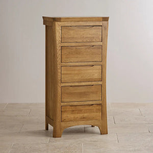 Renwick Rustic Solid Oak Tall 5 Drawer Chest - Oak Furniture Store & Sofas